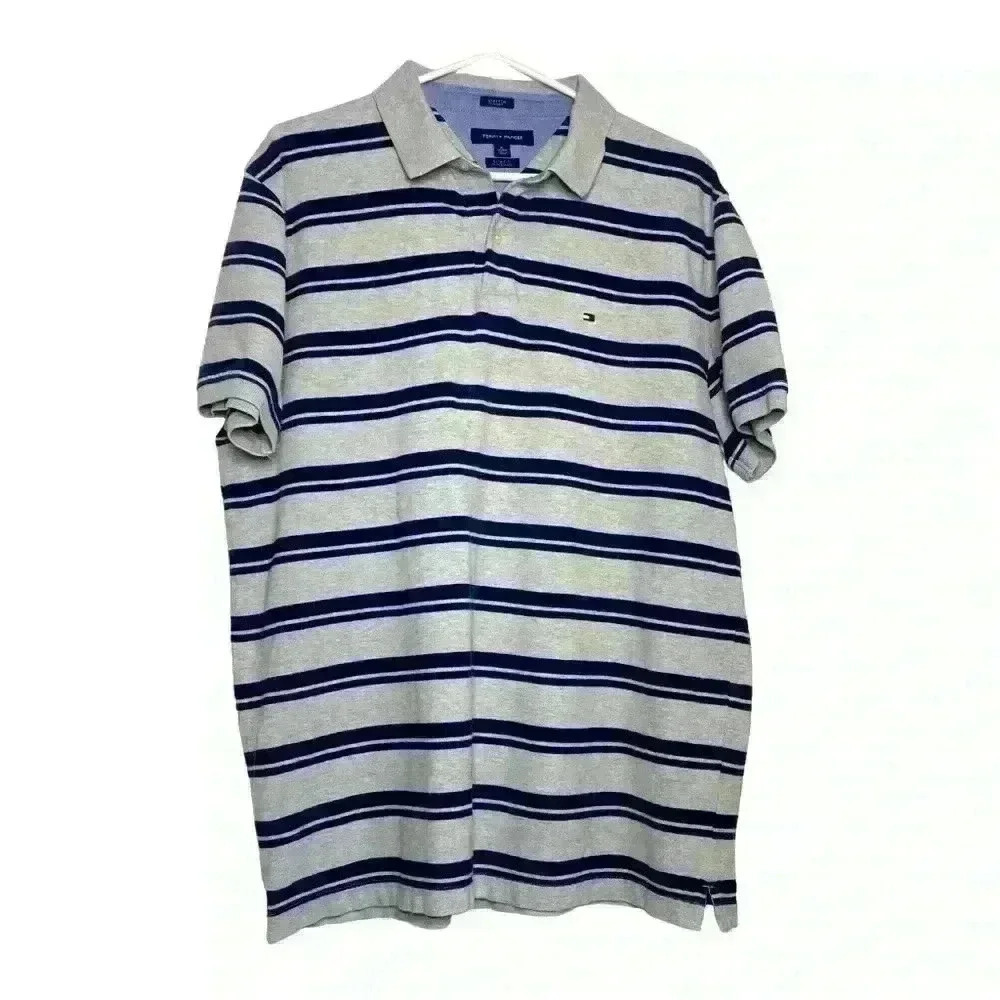 Tommy Hilfiger soft Heather grey w/stripes Short Sleeve polo Shirt-XL SLIM